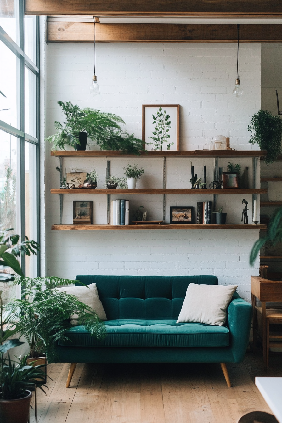 Urban tiny living room. White minimalist walls, open wooden shelves, teal sofa, a potted fern.