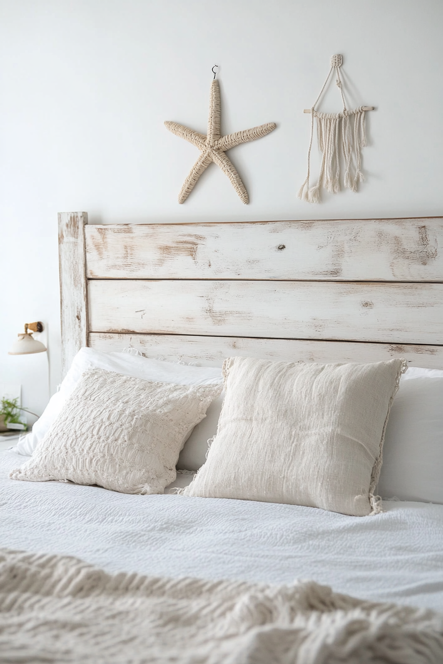 Coastal bedroom. Whitewashed wooden headboard with macramé starfish wall hanging.