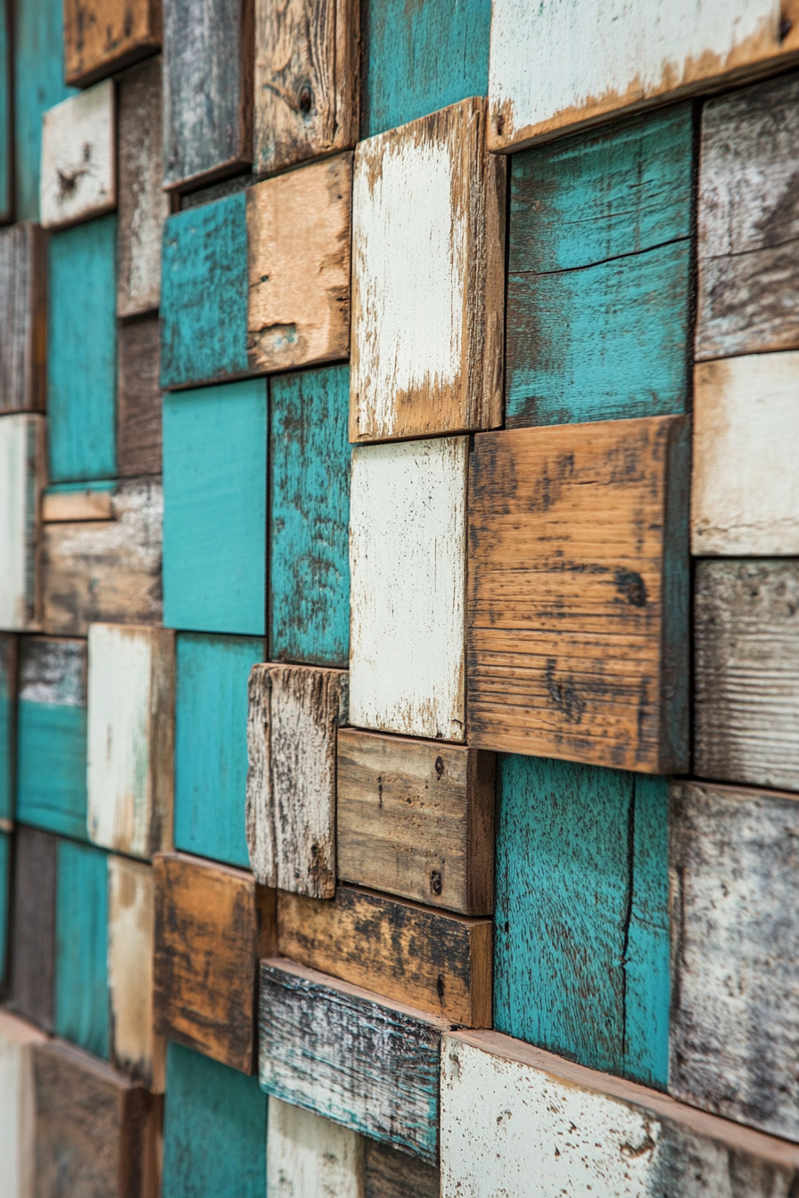 DIY wall decor. Distressed wood mosaic with teal accents.