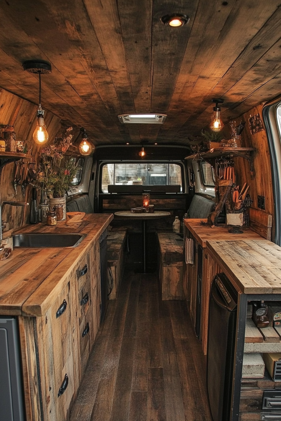 Camper van. Rustic wooden interior with industrial metal accents.