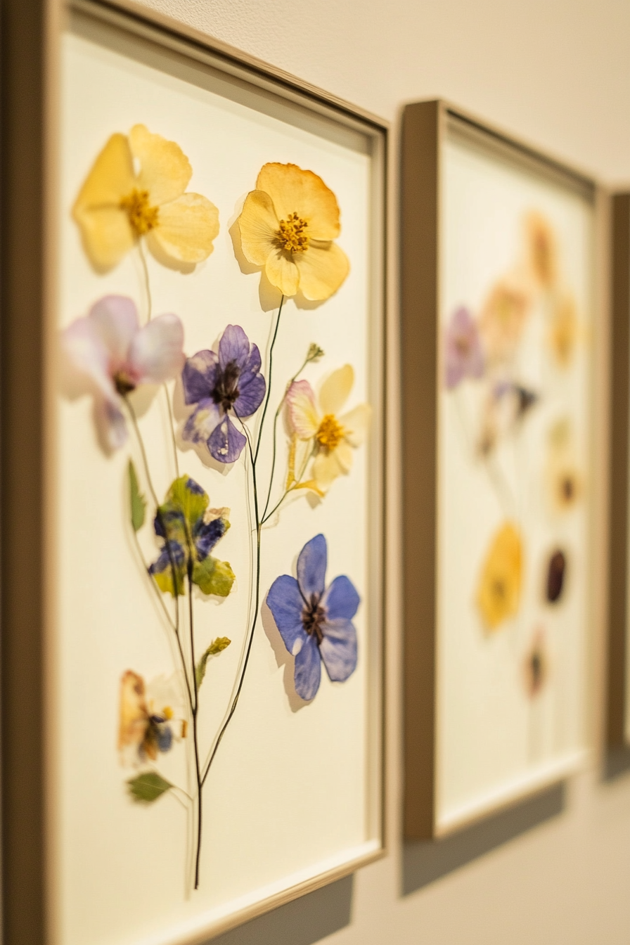 DIY wall decor. Framed pressed flowers on a beige wall.