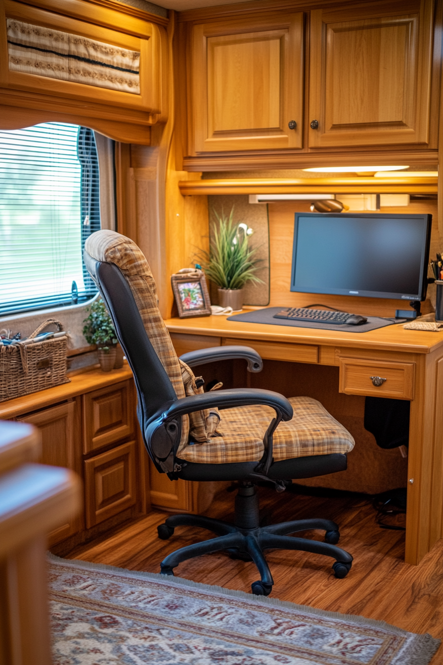 Mobile office space. Oak desk with swivel chair inside a late model RV.