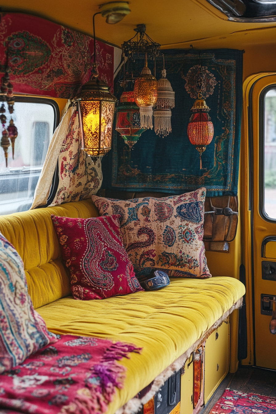 Camper interior. Paisley pattern throws on mustard yellow sofa with gypsy lanterns.