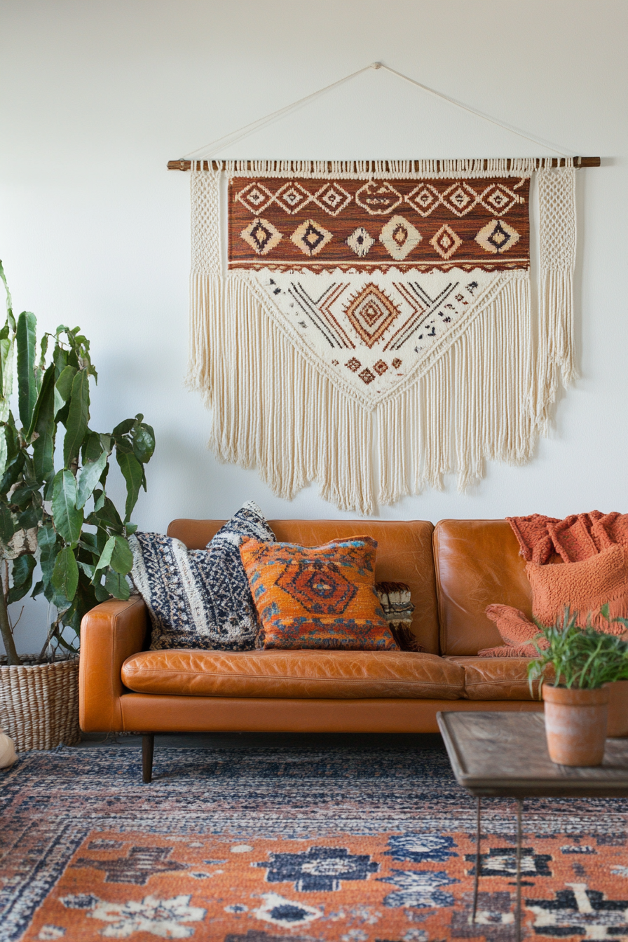 Boho Living Room. Multipatterned rug with orange macrame wall hanging.