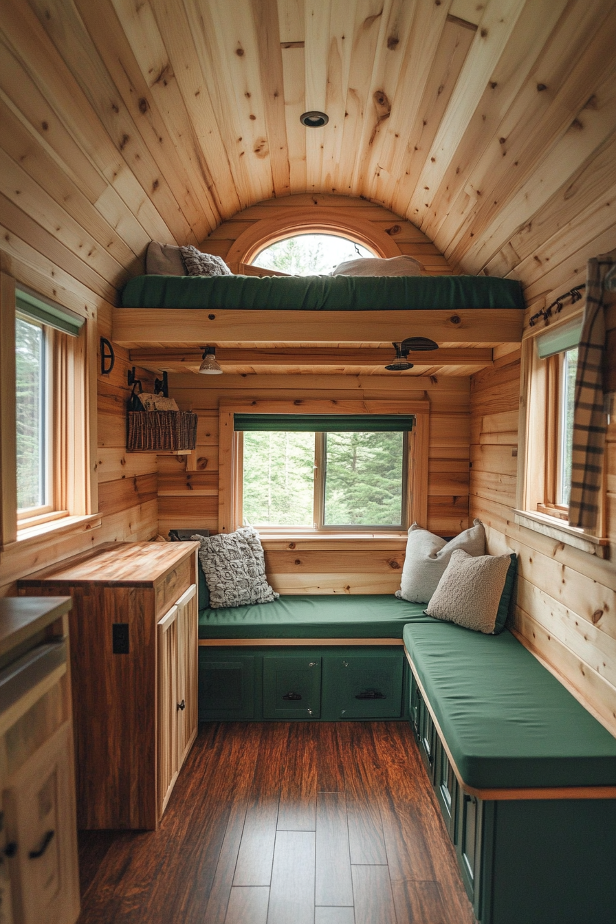 Tiny House Camper. Cozy cedar interior and forest green exterior.