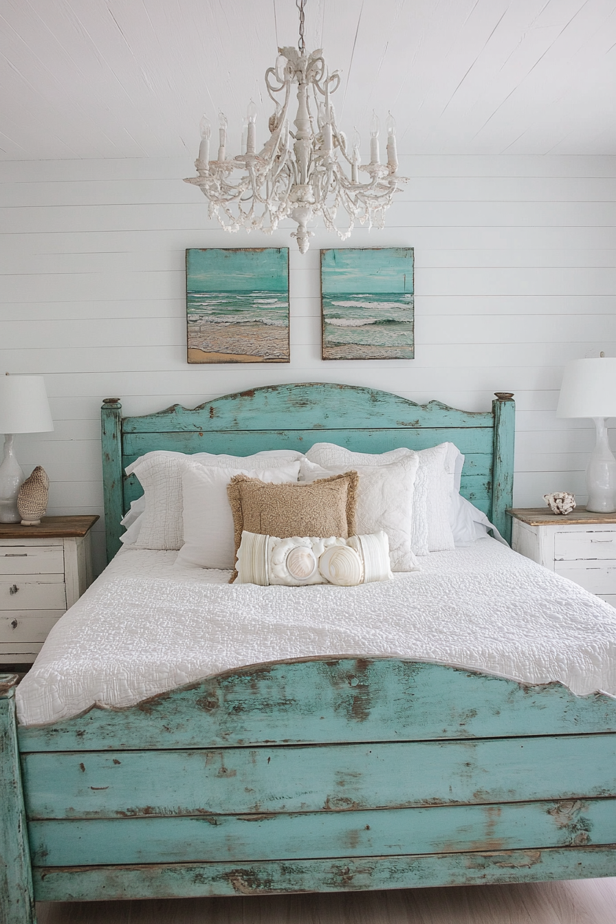 Coastal Bedroom. Distressed turquoise pallet bed frame with white shell chandeliers.