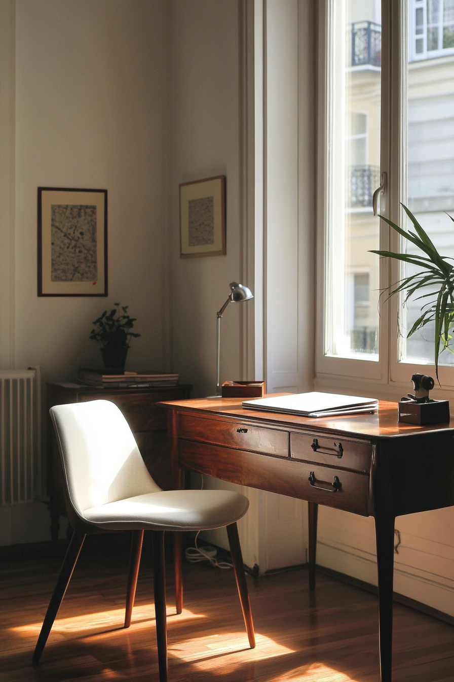 Home office. Mahogany desk with minimalist white ergonomic chair.