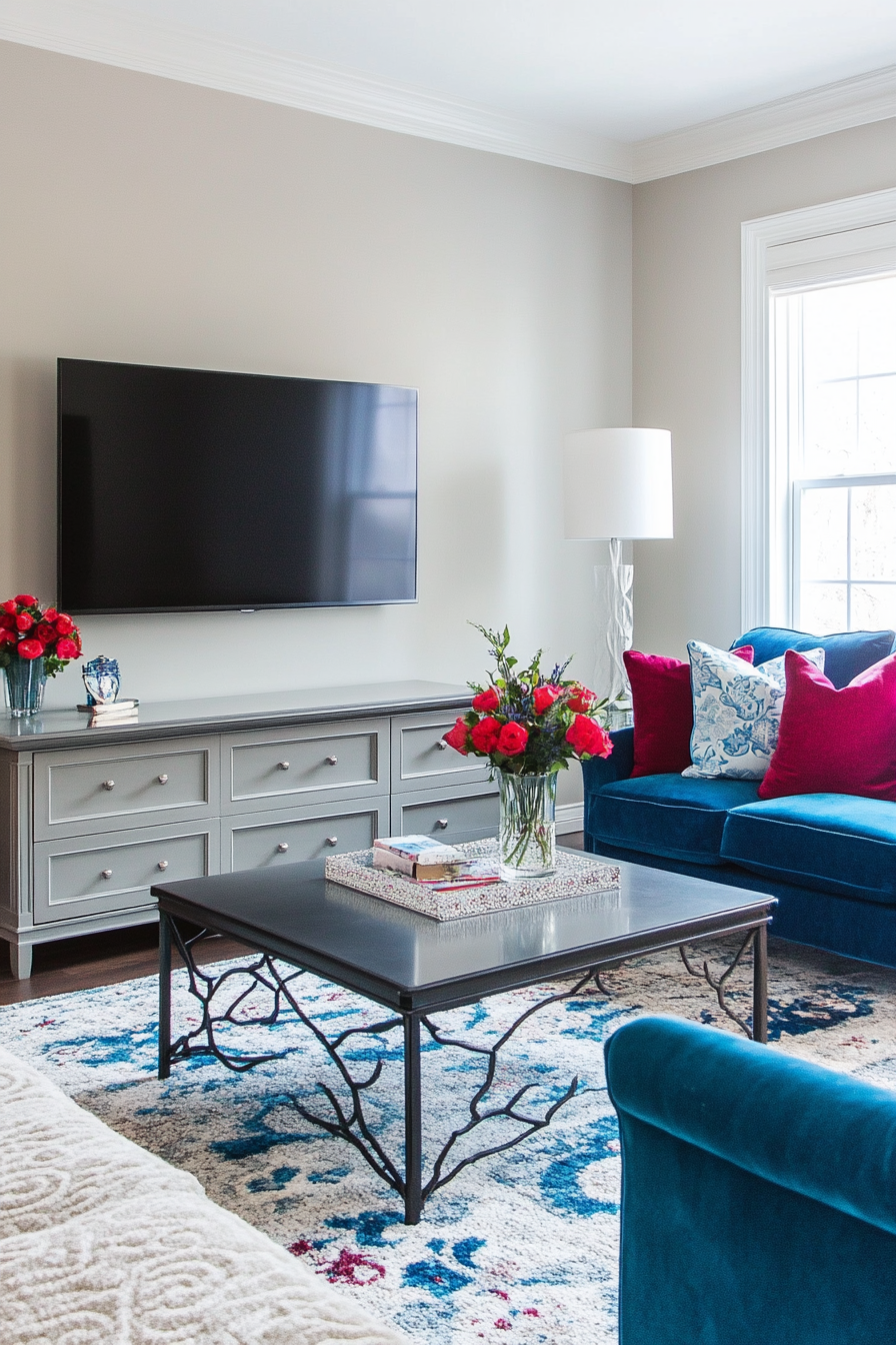 Living room design. Jewel-toned furniture with a wall-mounted TV.