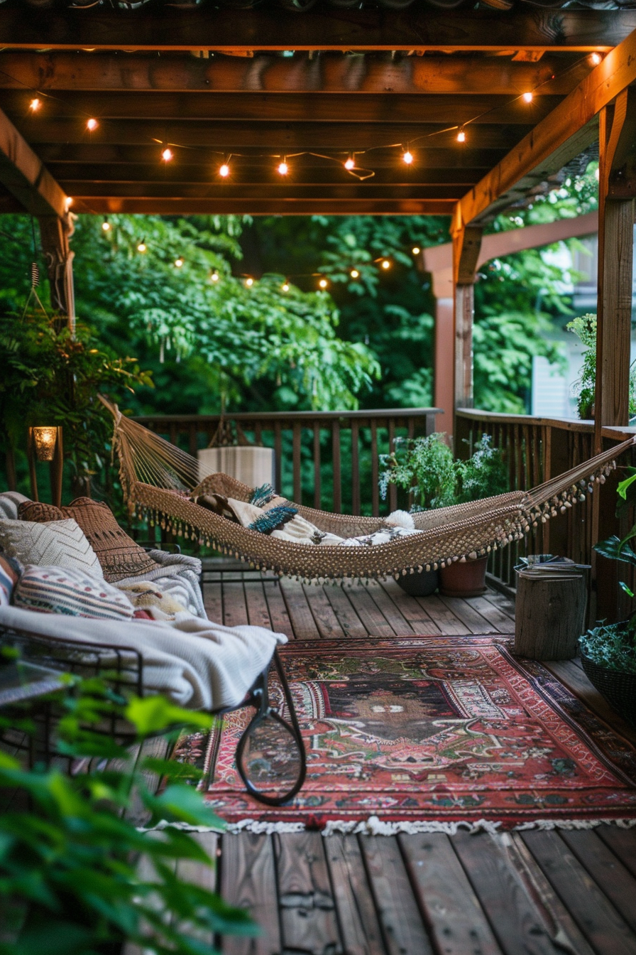 Chic Boho patio. Fringed hammock, patterned rugs, and string fairy lights.