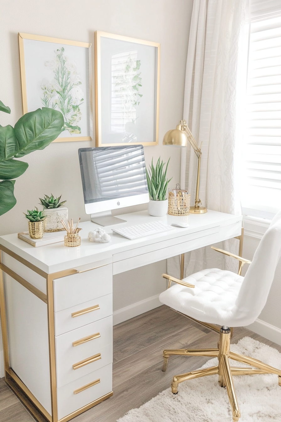 Home Office Inspiration. White desk with succulents and gold accents.