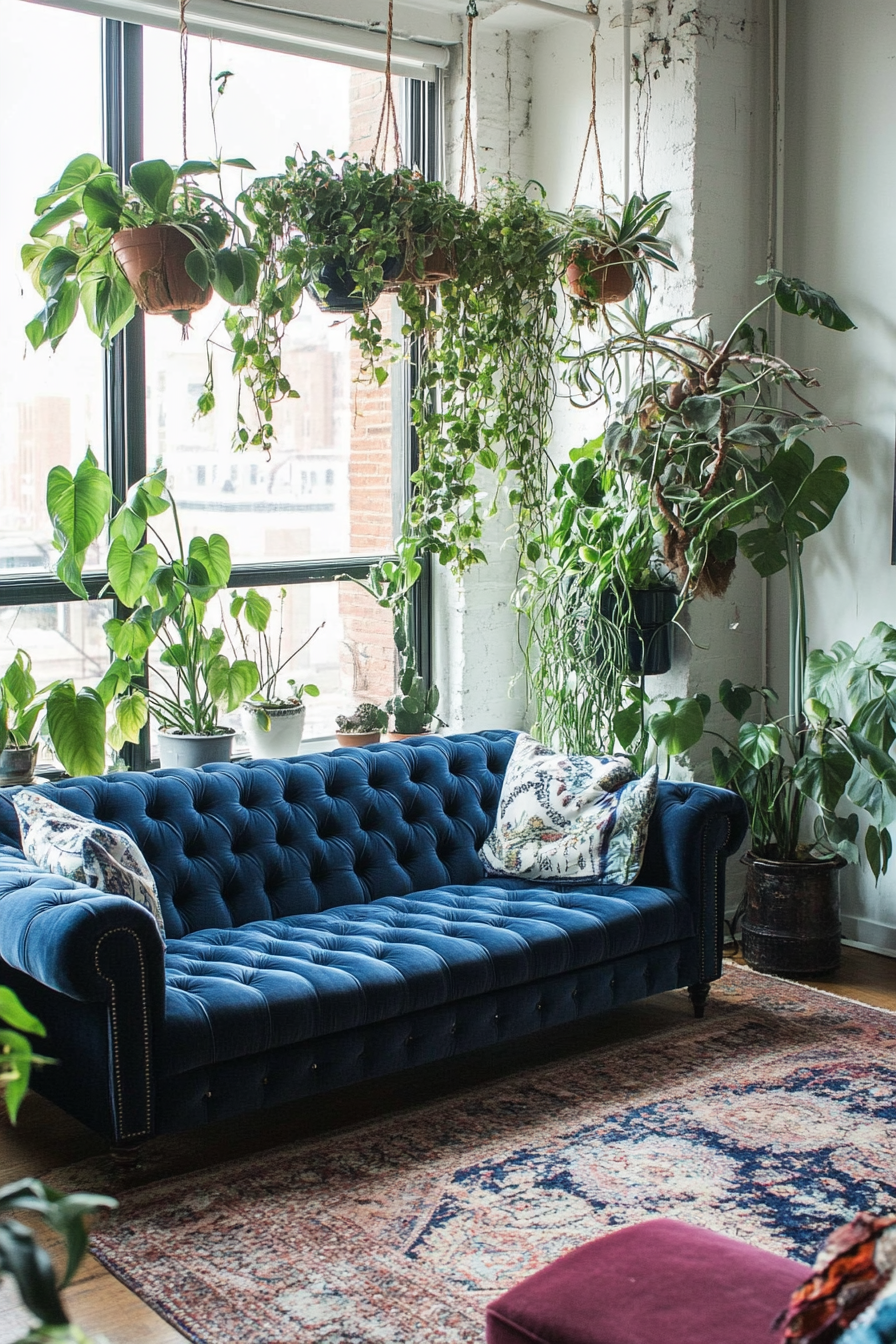 Living room in tiny space. Hanging plants with middle blue chesterfield sofa.