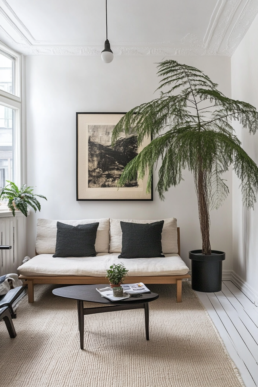 Tiny living room. Low-profile furniture with monochrome scheme and potted fern.