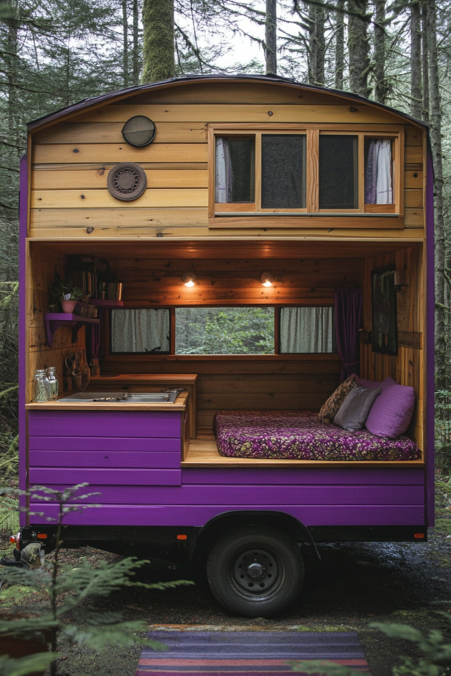 Tiny House Camper. Half wood-panelled interior, half vibrant purple exterior in a forest.