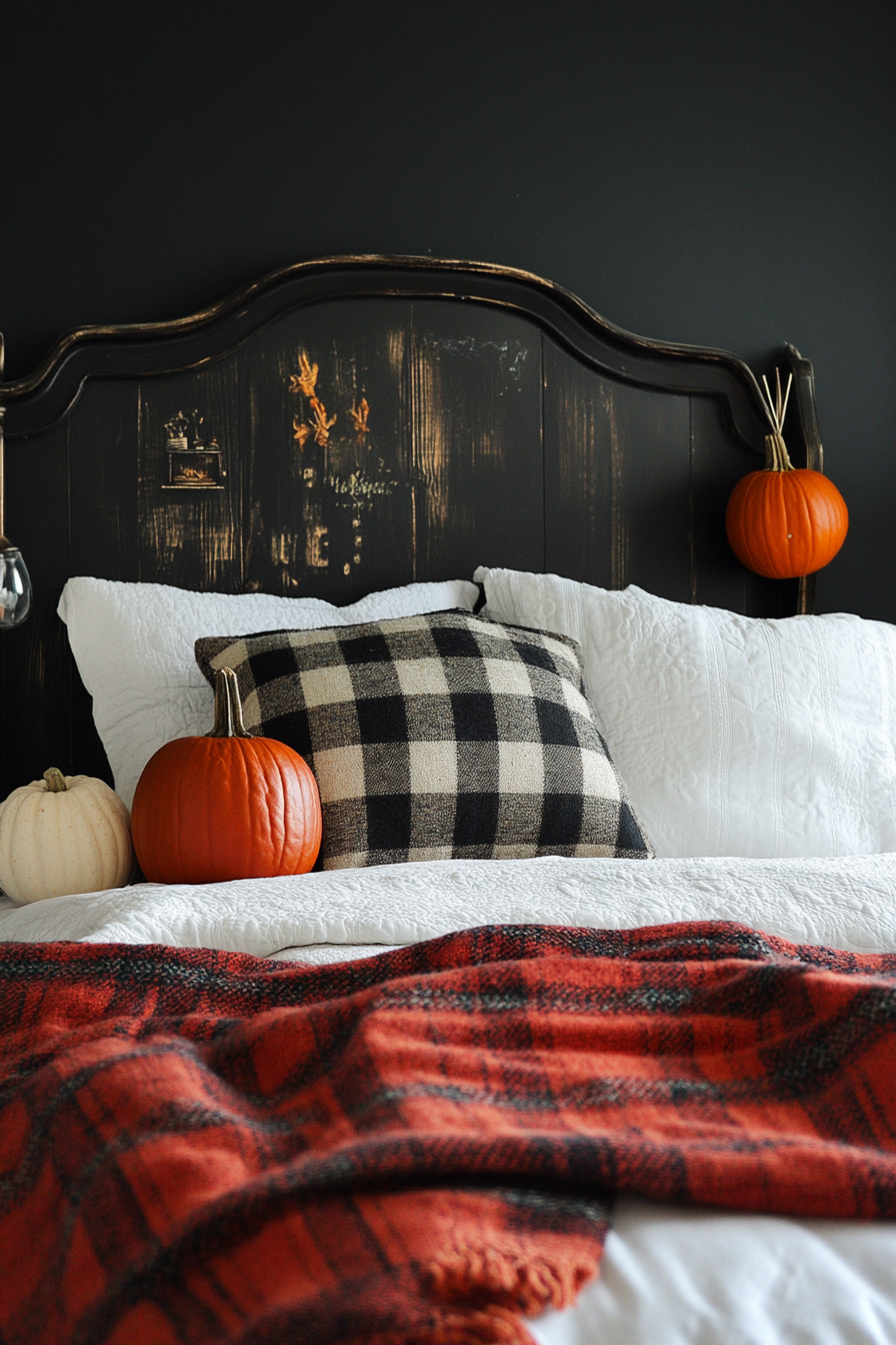 Fall bedroom. Art Deco headboard, rustic plaid blankets, and pumpkin ornaments.