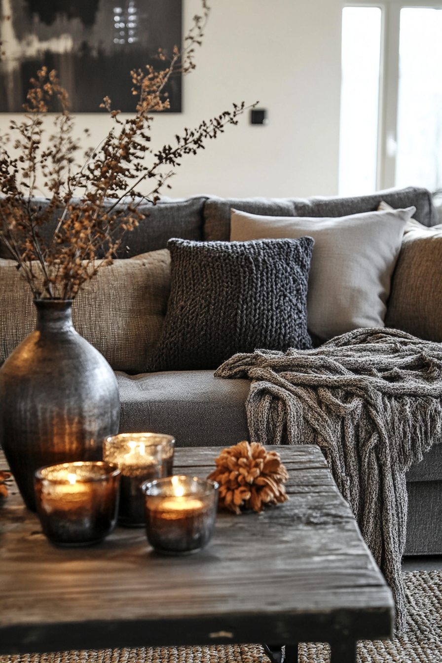 Fall living room. Industrial-style metallic furniture with autumn-toned cozy blankets.