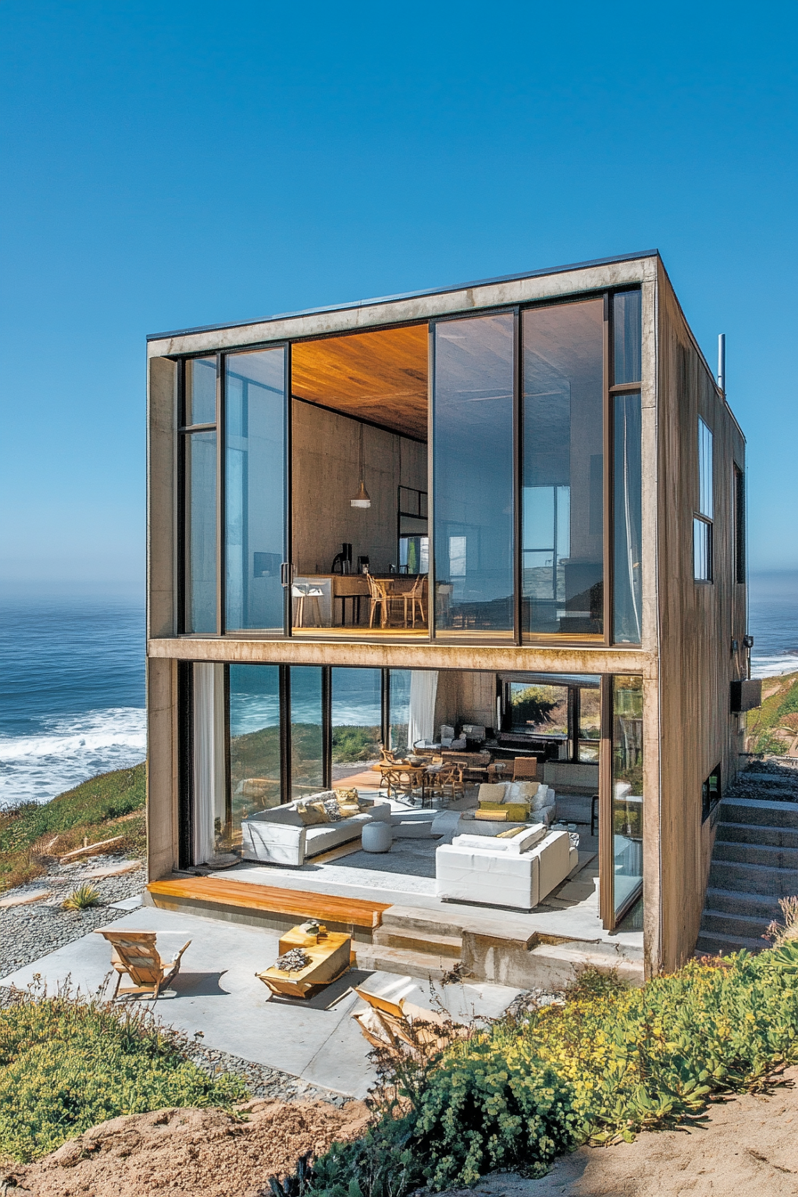 Compact beach house. Glass walls maximizing ocean views.