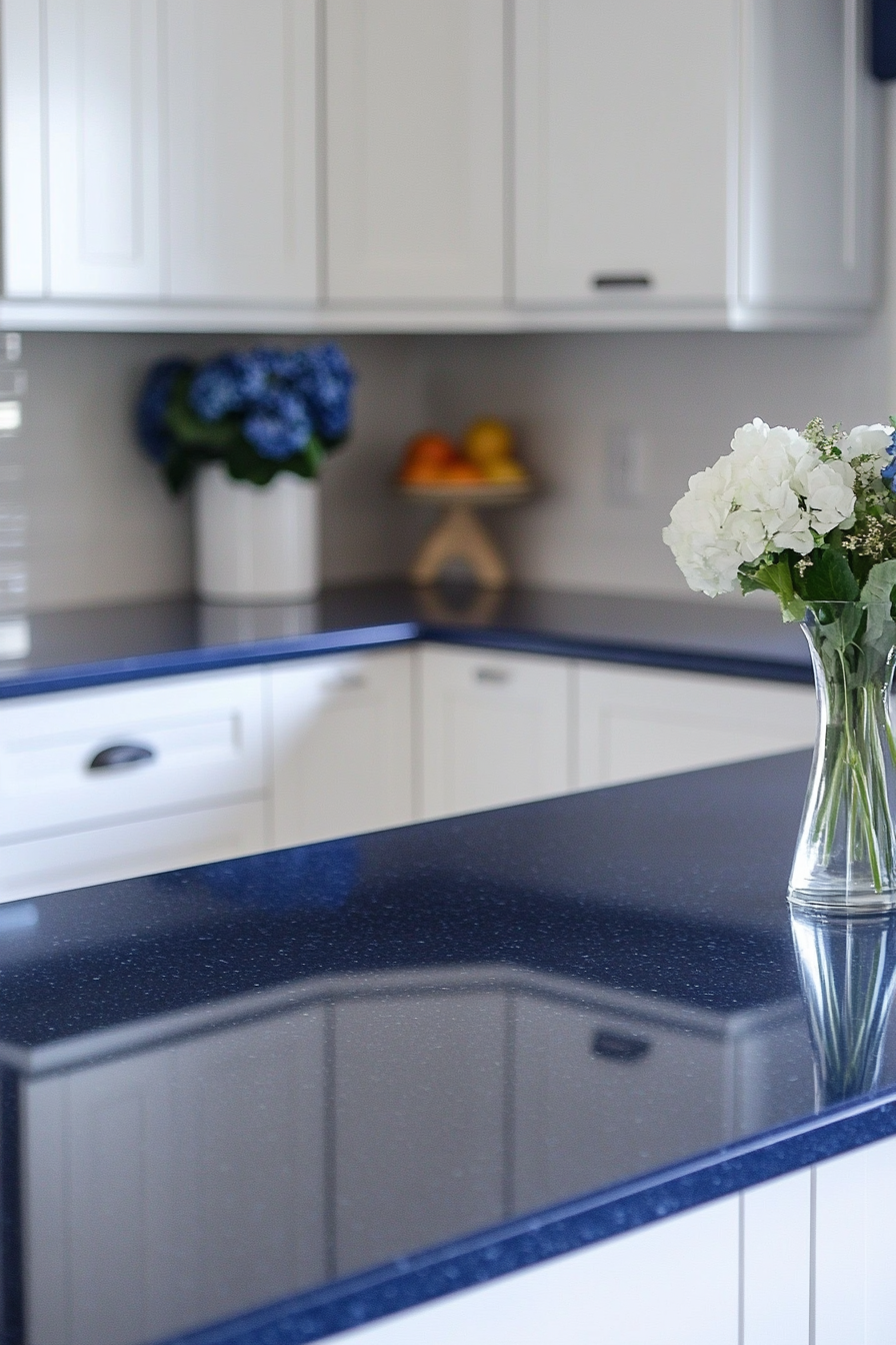 Modern coastal kitchen. Blue quartz countertops with white shaker cabinets.