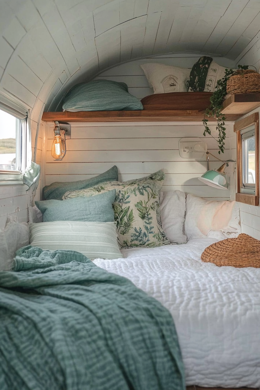 Ocean-themed camper bedroom. Sundrenched, aquamarine bedding against rustic white shiplap interior.