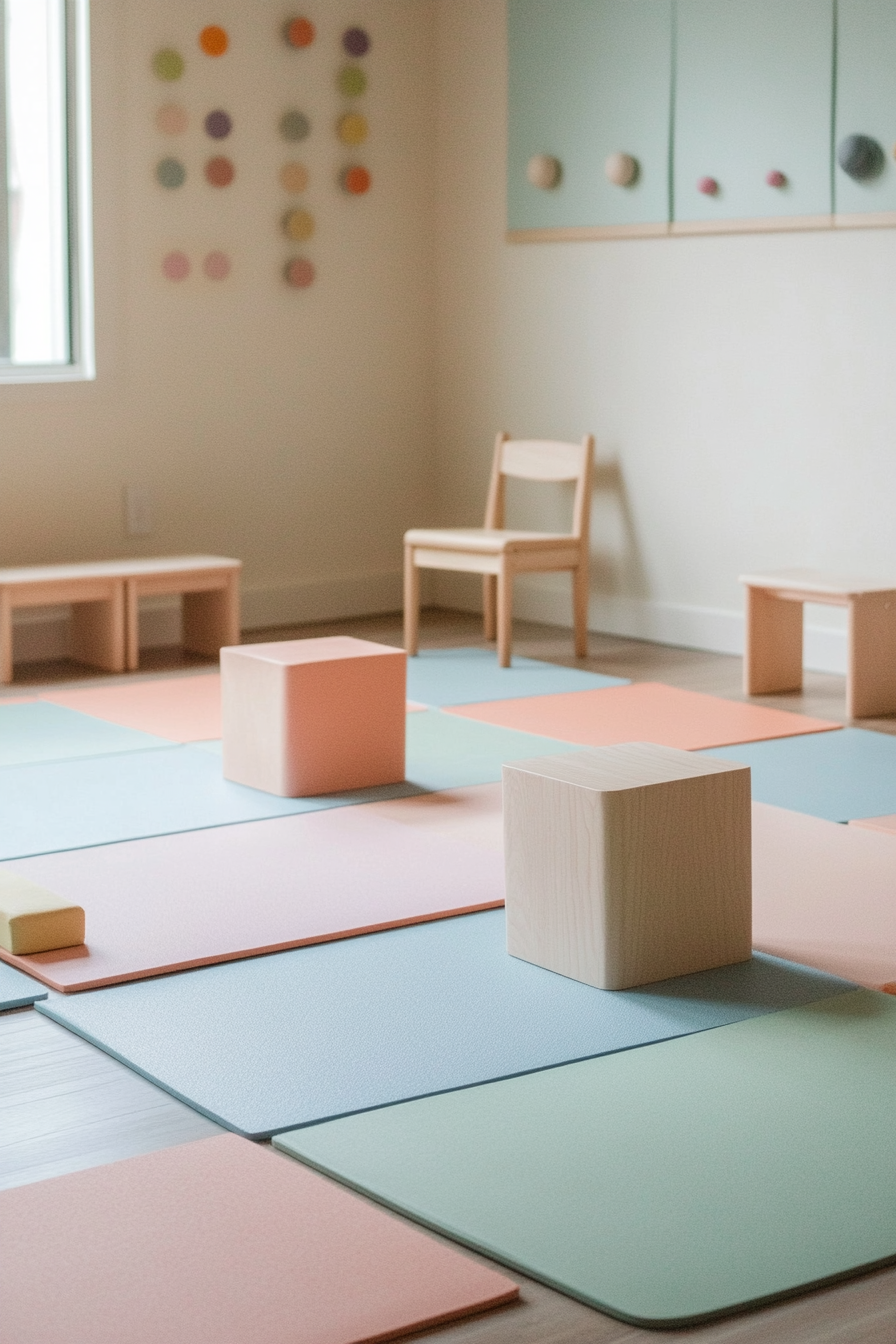 Kids' yoga area. Compact size, pastel color mats, montessori kneeling chair, and small yoga blocks.