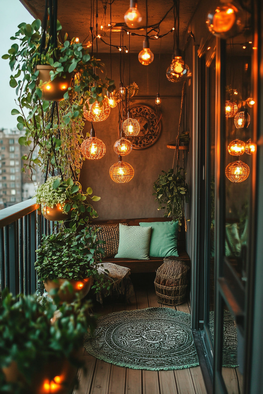 Urban Boho Balcony. Suspended globe lights entwined in sage green hanging plants.