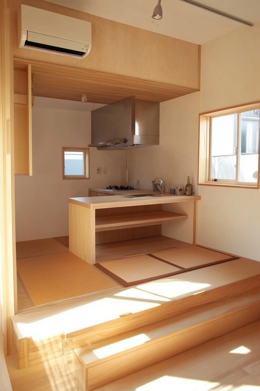 Tiny home interior. Light wood tatami mats in a minimalist kitchen.