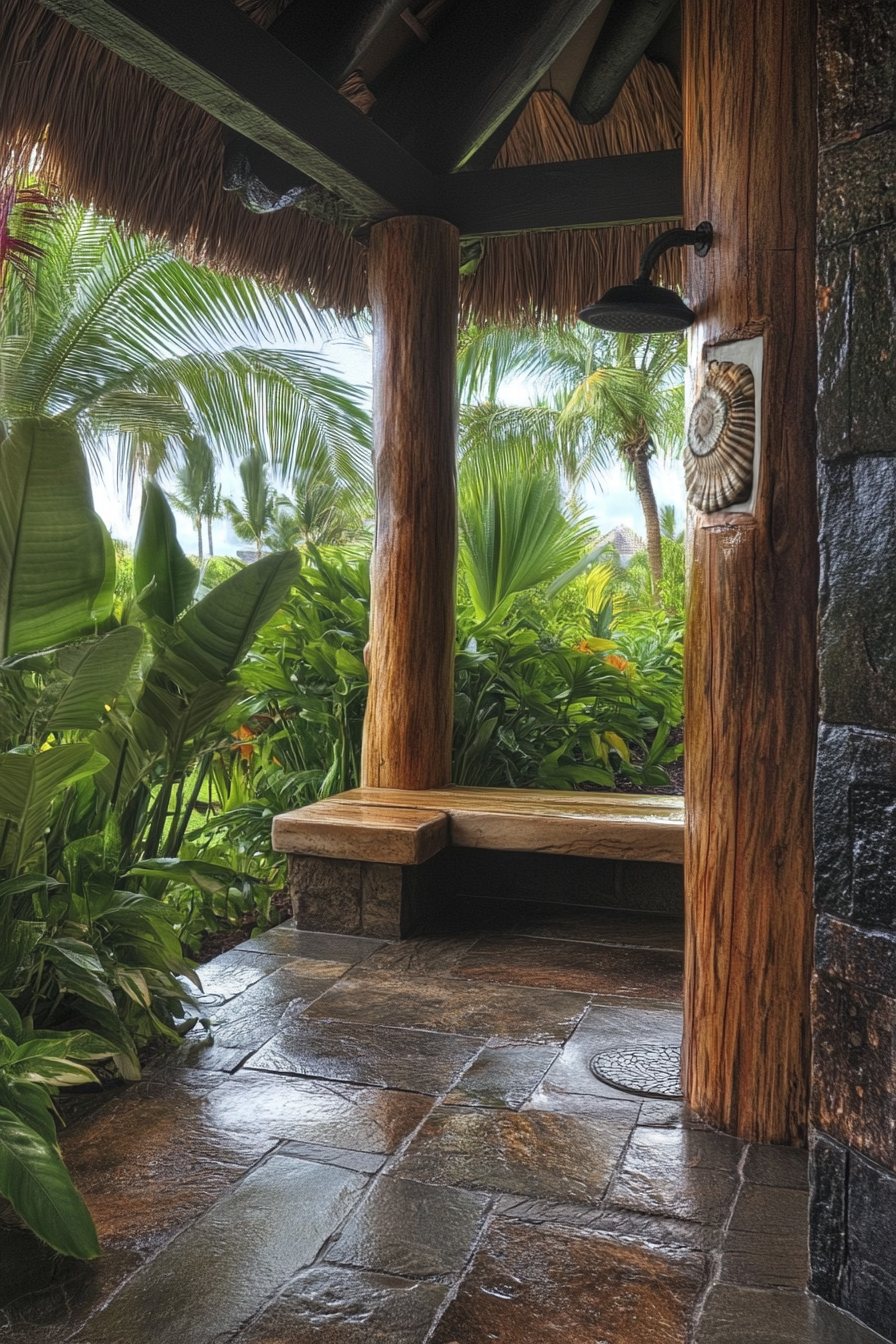 Outdoor shower setup. Slate floor, shell slab bench, tropical plants, weathered wood shower column.