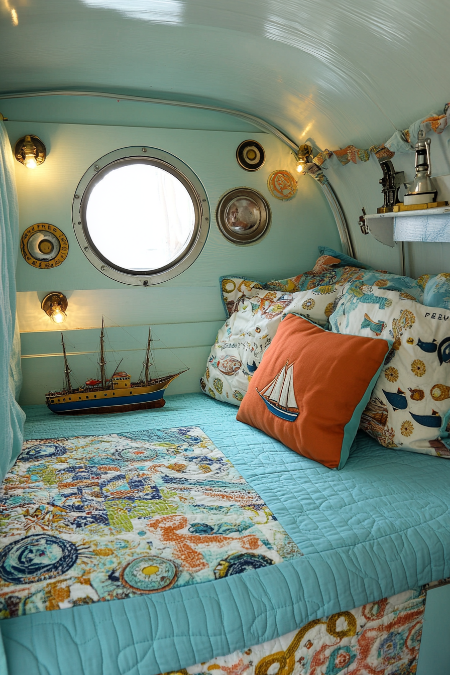 Ocean-themed camper sleeping area. Aqua quilt, porthole-style windows, miniature ship figurines.