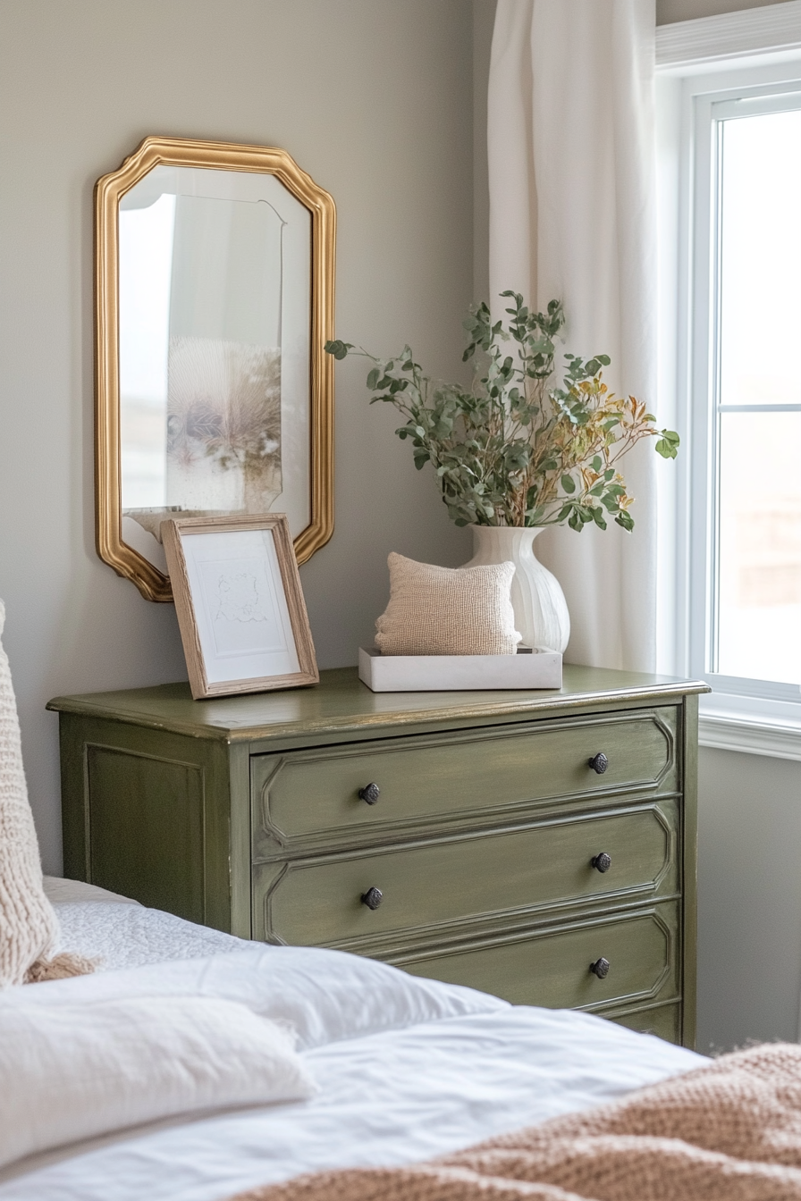 Fall bedroom. Art Deco gold mirrors coupled with olive green rustic wooden dresser.