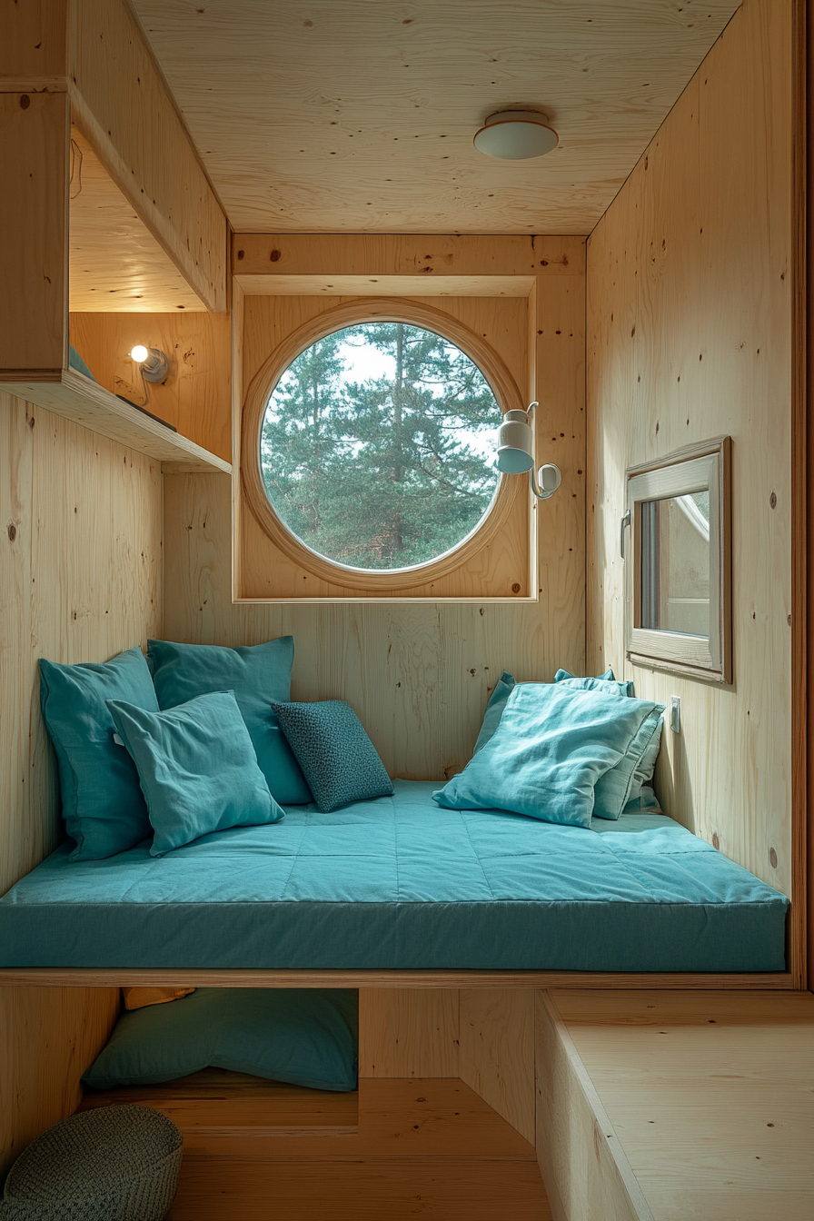 Tiny home interior. Minimal wooden furniture with light aqua zabuton cushions.