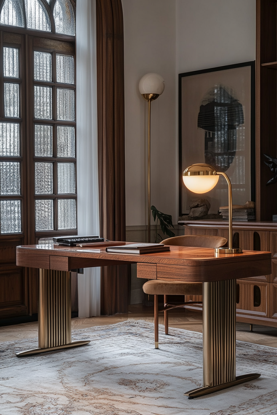 Remote Work Office. Art Deco style standing desk with geometric brass lamp.