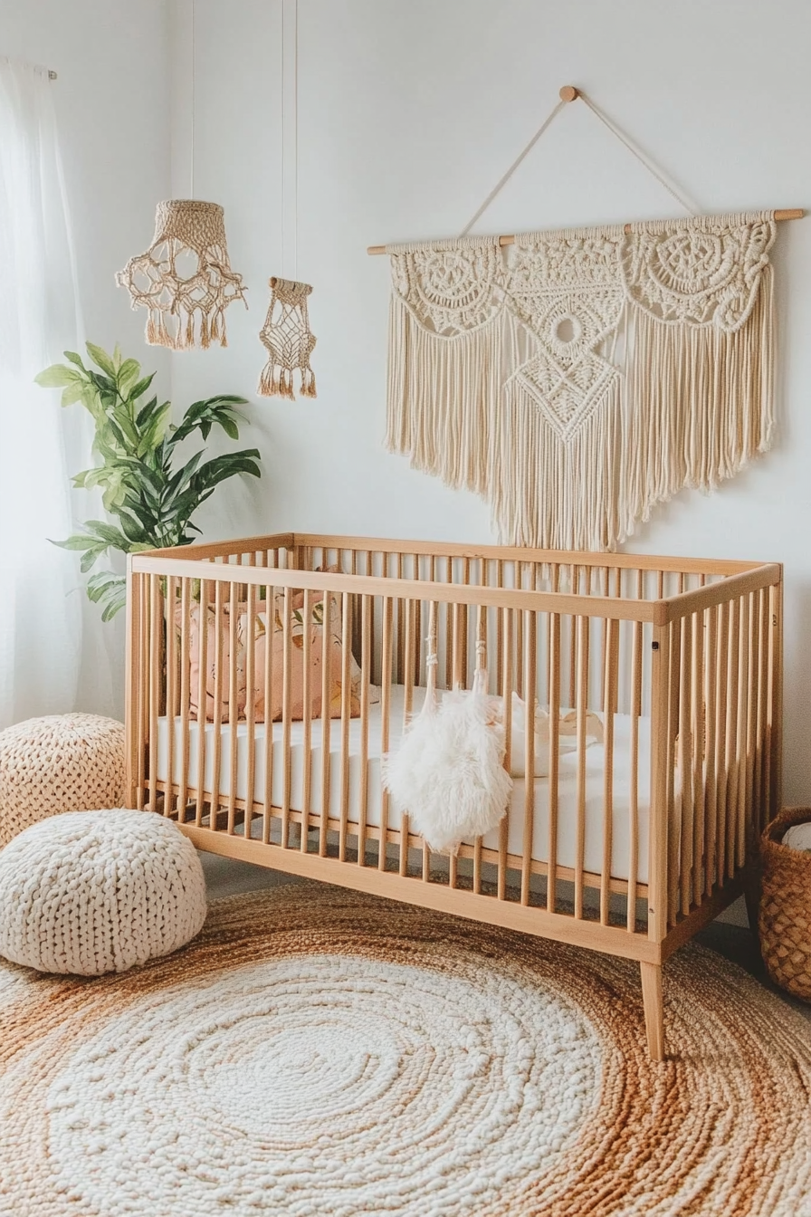 Nursery. Macrame hangings with wooden crib and pastel rainbow color palette.