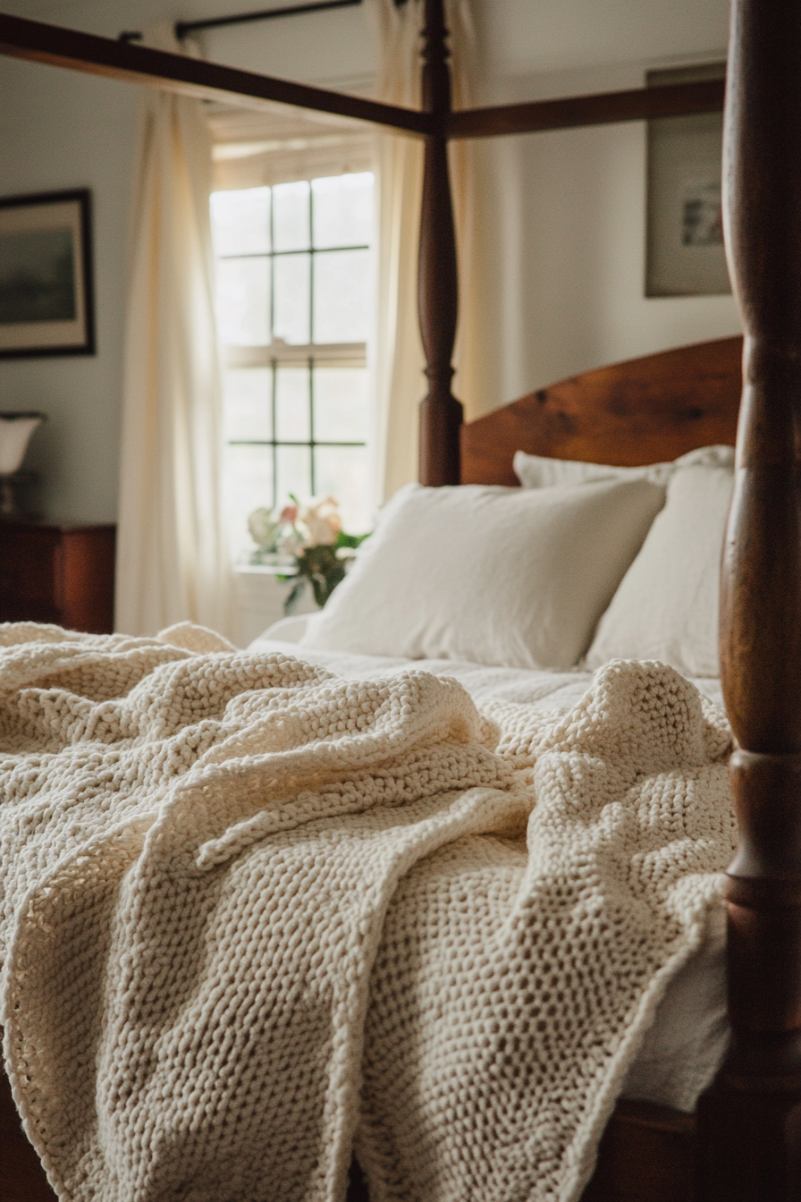 Fall bedroom. Cream crochet blanket on wooden four-poster bed.