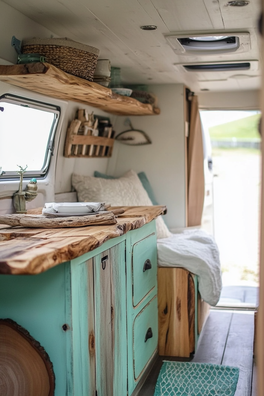 Coastal camper van interior. Turquoise shelving with driftwood accents.