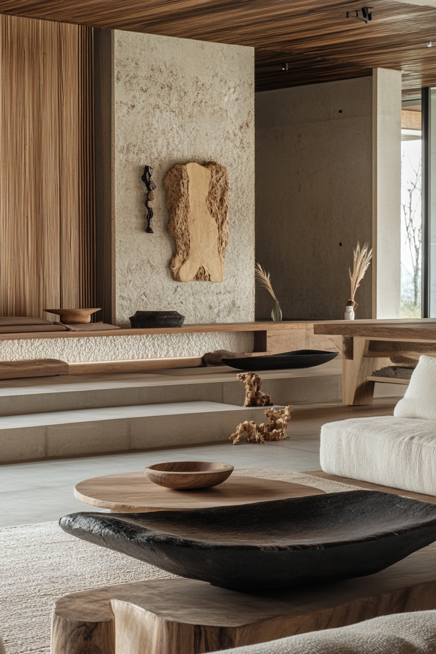 Fall living room. Japandi style conversation pit with knotted wood accessories.