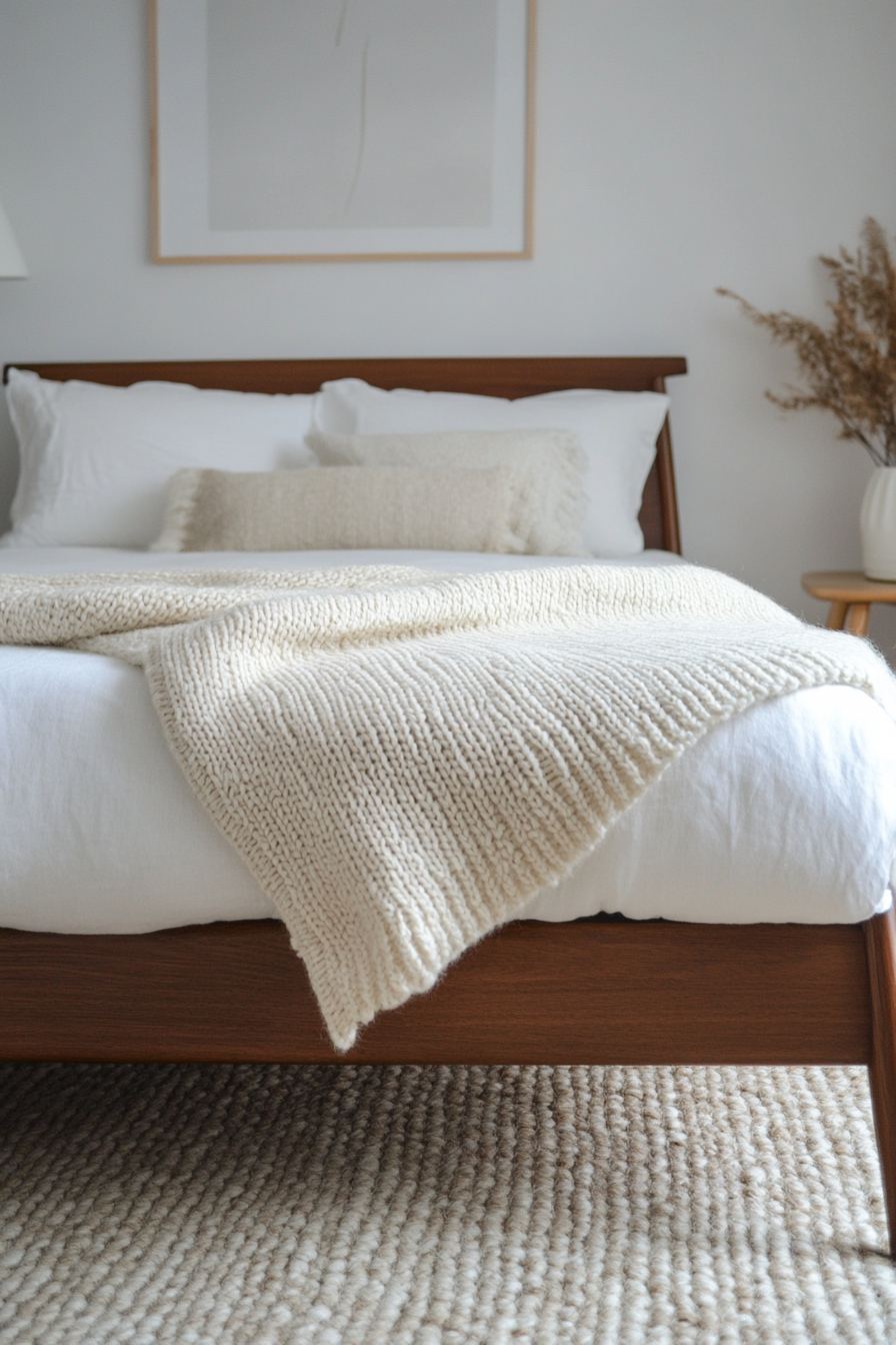 Fall bedroom. Cream wool blanket on a walnut mid-century modern bed.