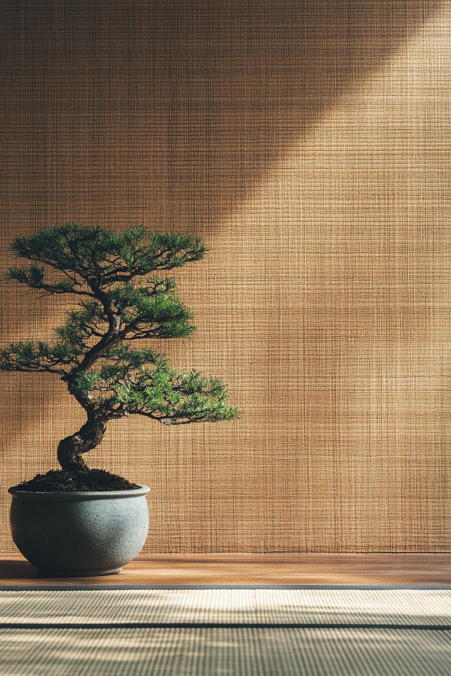 Japandi home yoga studio. Bamboo floor mat beside potted bonsai tree.