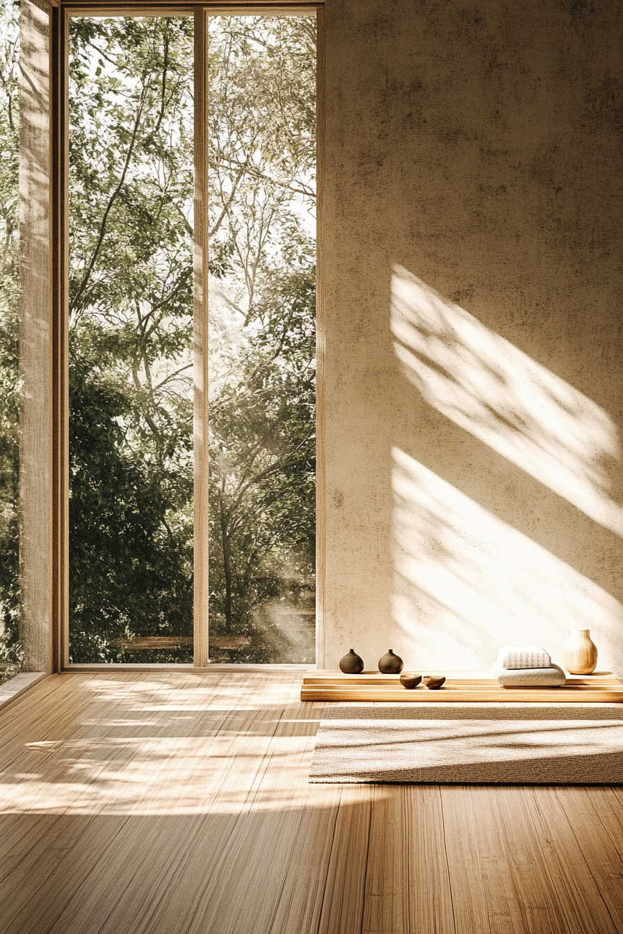 Japandi home yoga studio. Bamboo floor with maximum natural sunlight, no wall art.