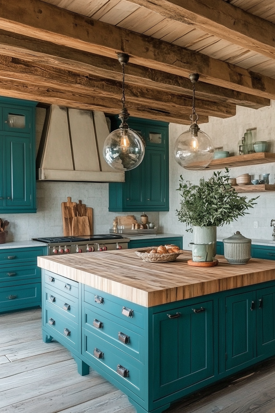 Coastal-themed kitchen. Vintage teal cupboards and natural wood island.