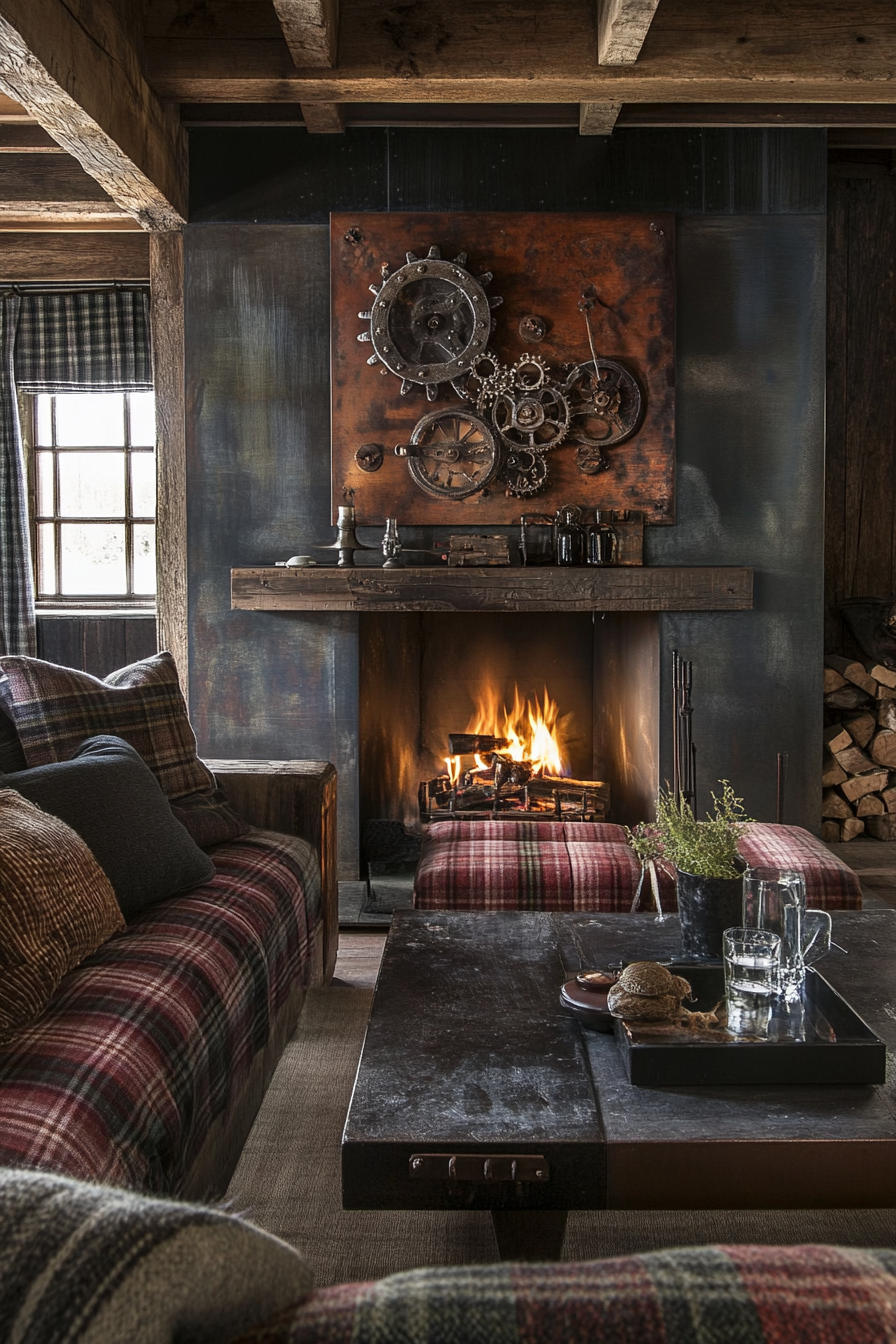 Fall living room. Exposed metallic gears, rustic fireplace, warm plaid cushions.