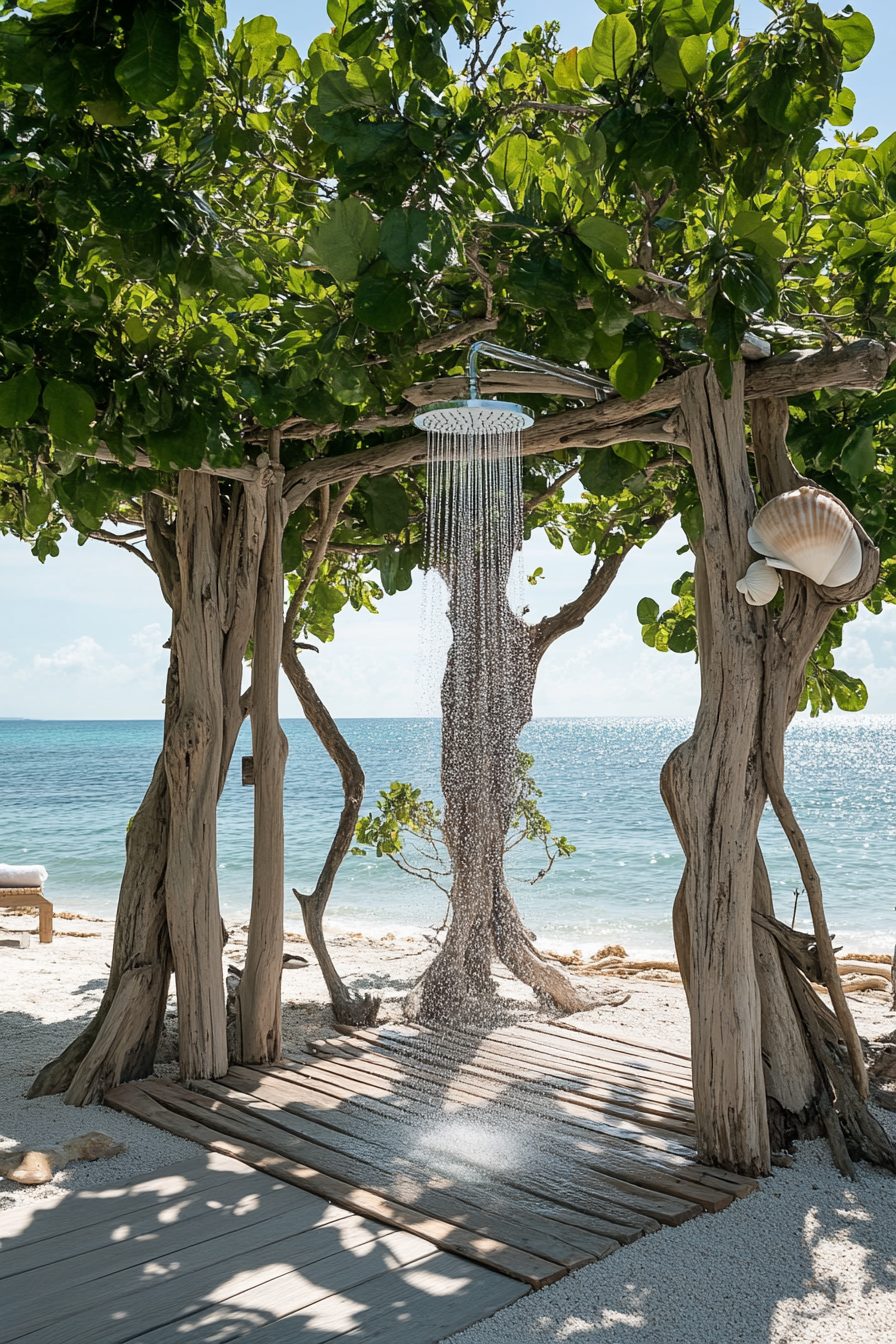 Outdoor shower setup. Driftwood structure with conch shell shower head.