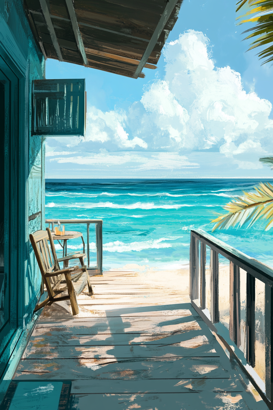 Compact beach house illustration. Turquoise wood, panoramic ocean view, private deck.