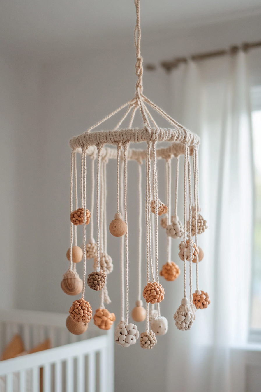 Bohemian Whimsical Nursery. Hanging macrame mobile with wooden beads.