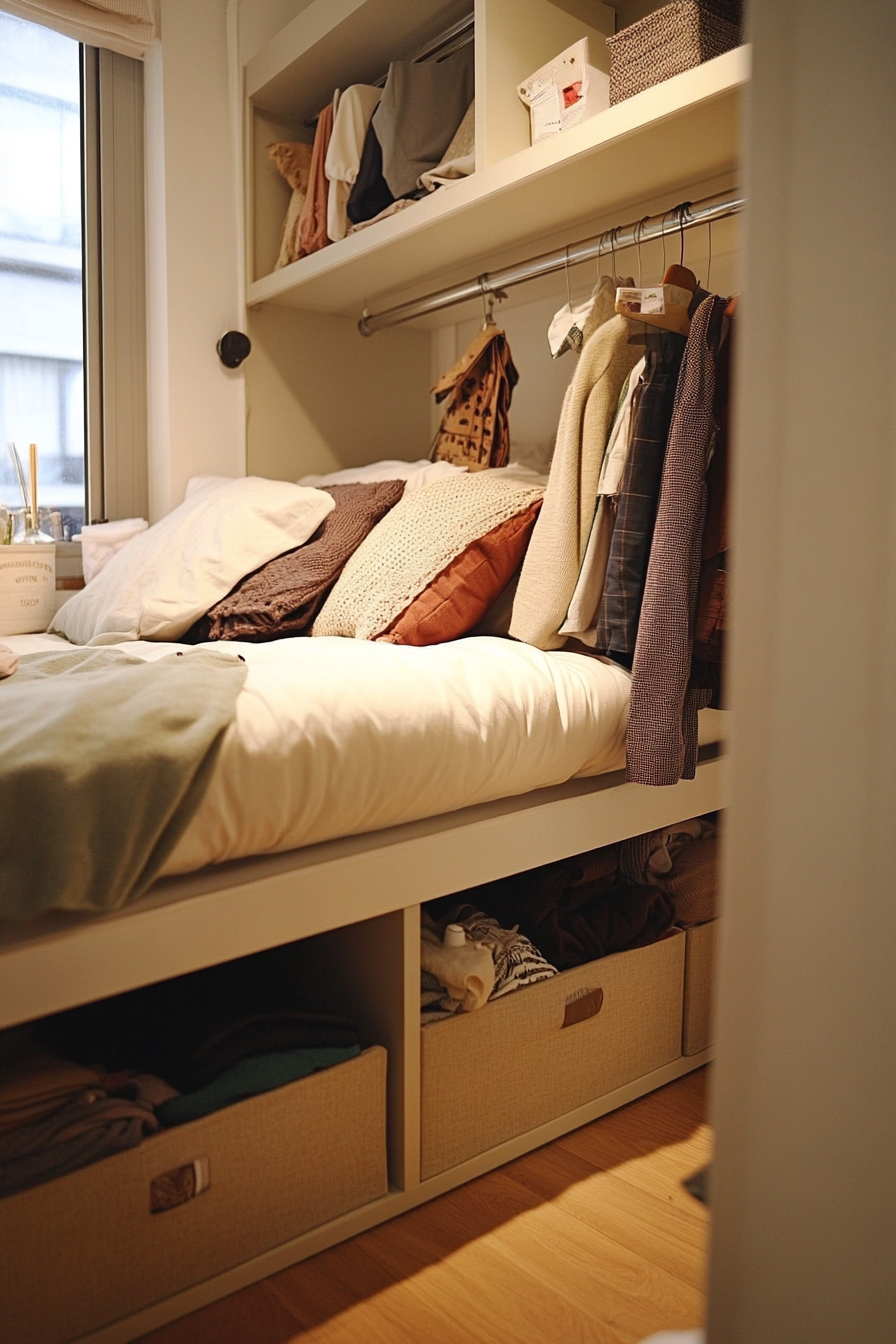 Small apartment storage idea. Under-bed boxes for clothes.