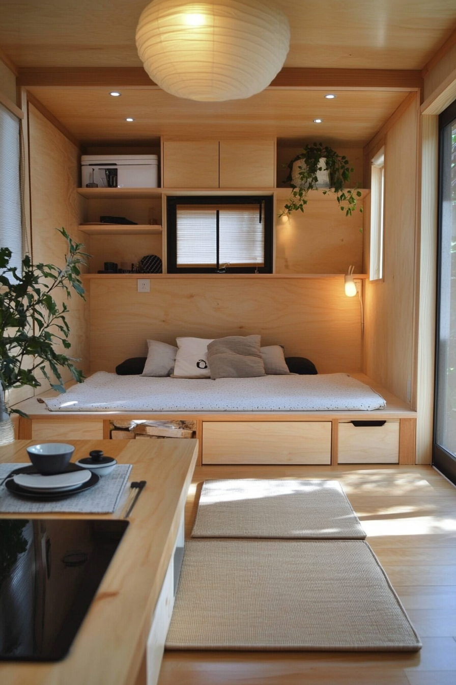 Tiny home interior. Japanese tatami mat with Scandinavian birch furniture.