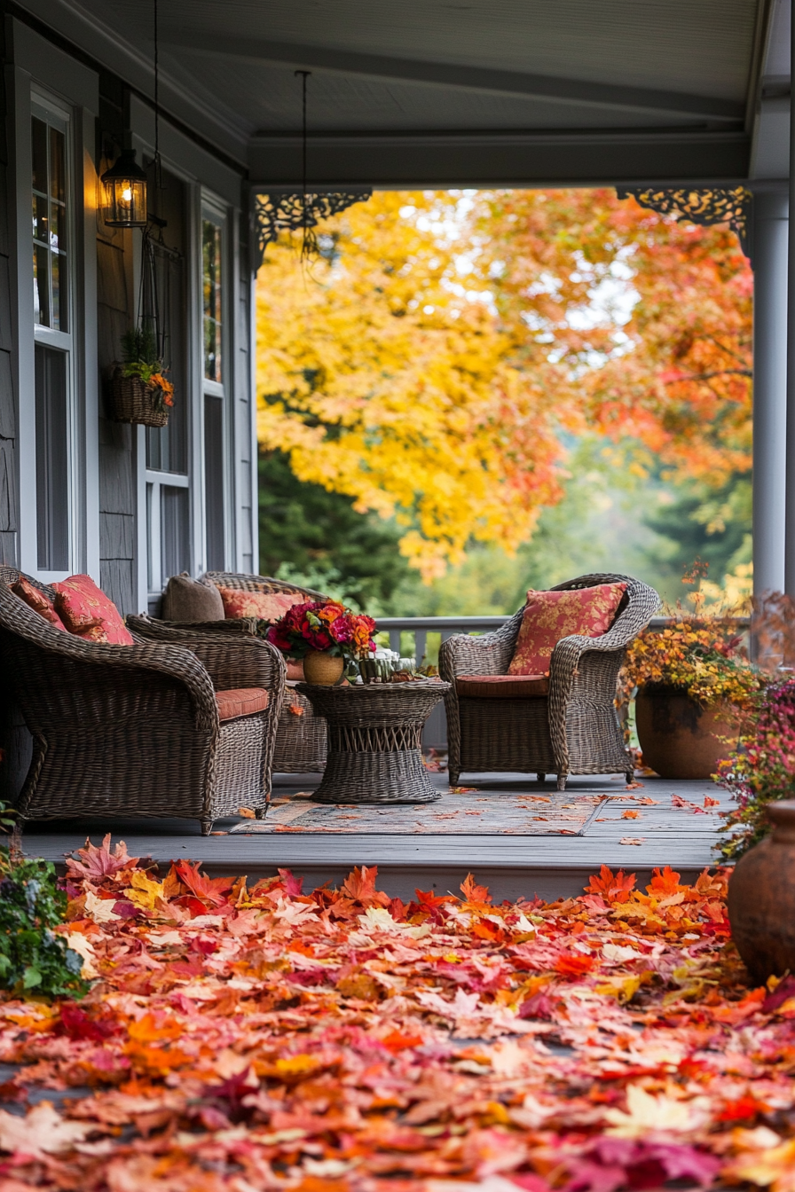 Fall porch. Pared-down furnishings accented with multicolored autumn leaves.