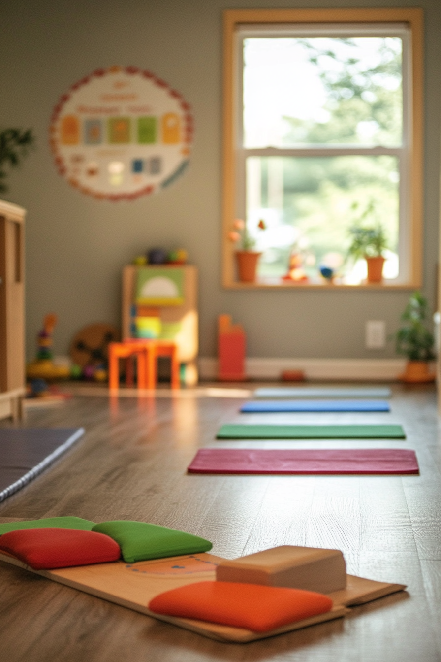 Kids' yoga area. Montessori balance beam in a compact space.