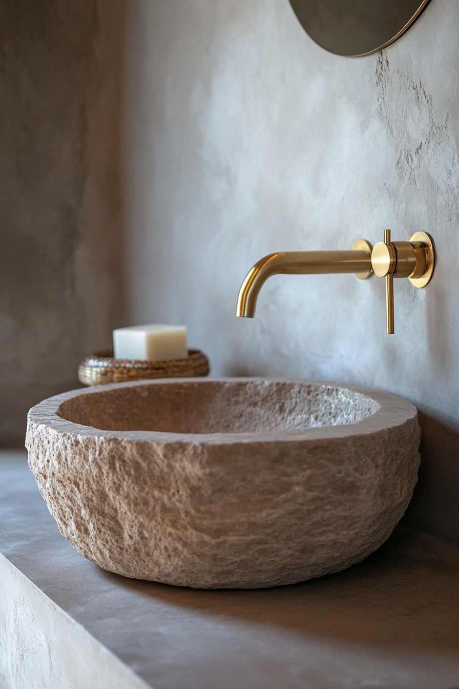 Small luxurious bathroom: gold minimalist taps on a taupe natural stone sink.