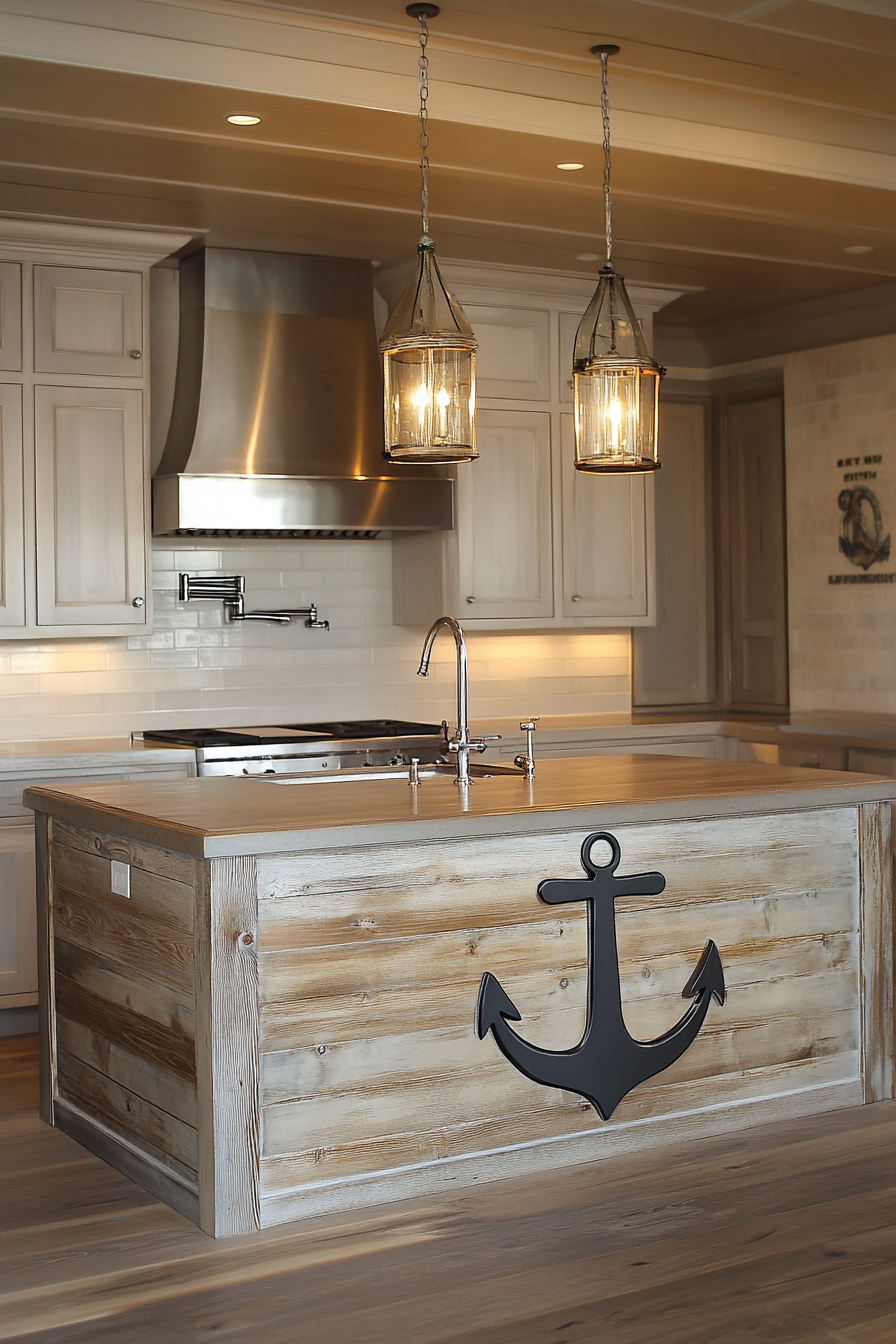 Coastal-themed kitchen. Bleached wood cabinets and antique anchor centerpiece.