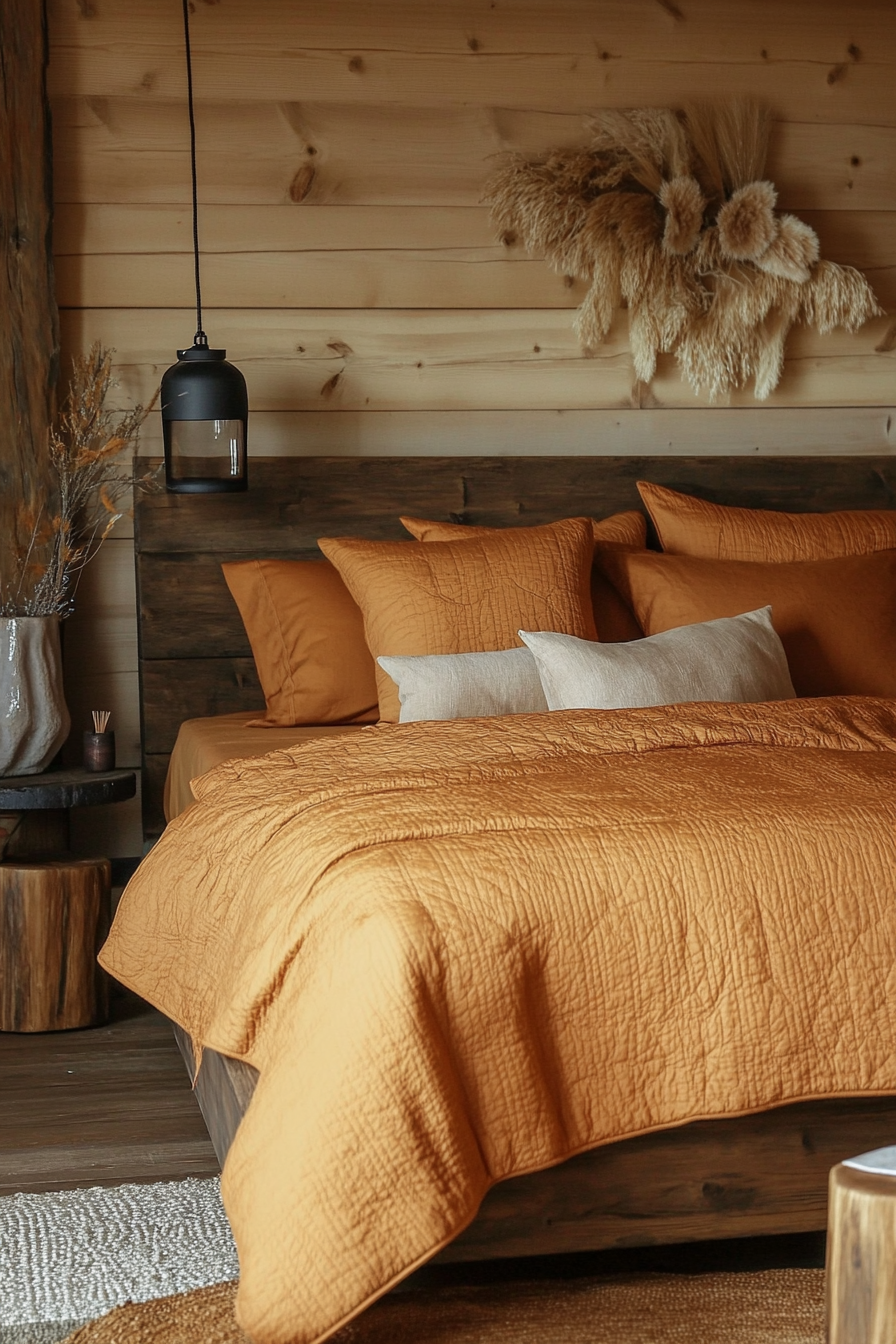 Fall bedroom. Quilted amber comforter on a low, contemporary wooden bed.