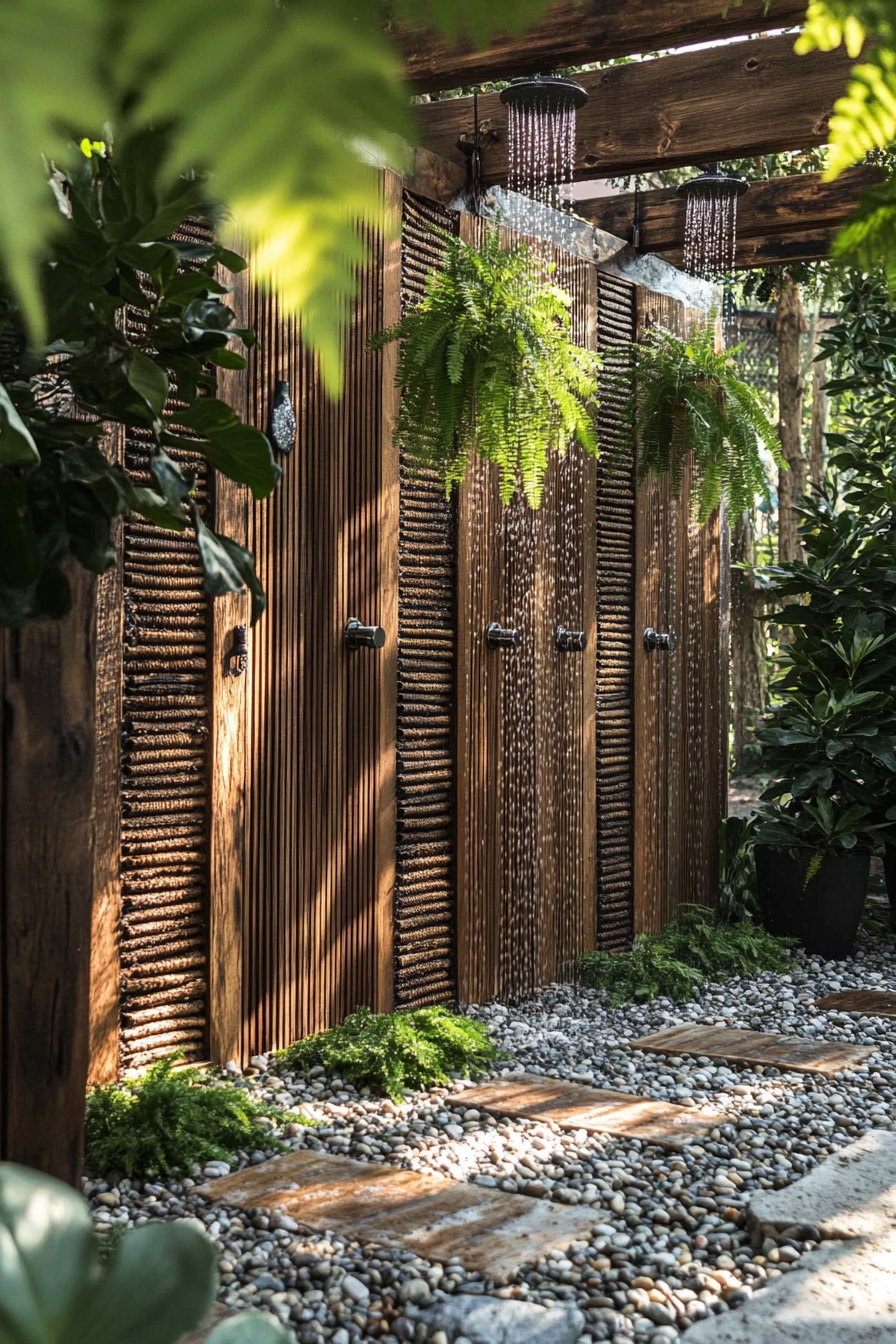 Outdoor shower setup. Pebble flooring, hanging ferns, reclaimed wooden screen.